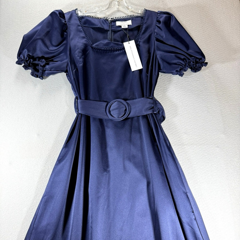 Labelrail X Nashville Tash Maxi Dress 8 Navy Satin Feel Puff Sleeve Wedding NWT